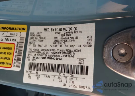 2021 Ford Bronco Sport Big Bend из США, поврежденный, VIN 3FMCR9B61MRA35933